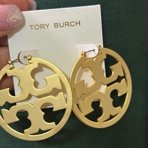 Tory Burch Matte Gold Logo Hoop Earrings